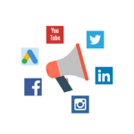Megafone com ícones de canais de mídia online como Facebook e Google Ads